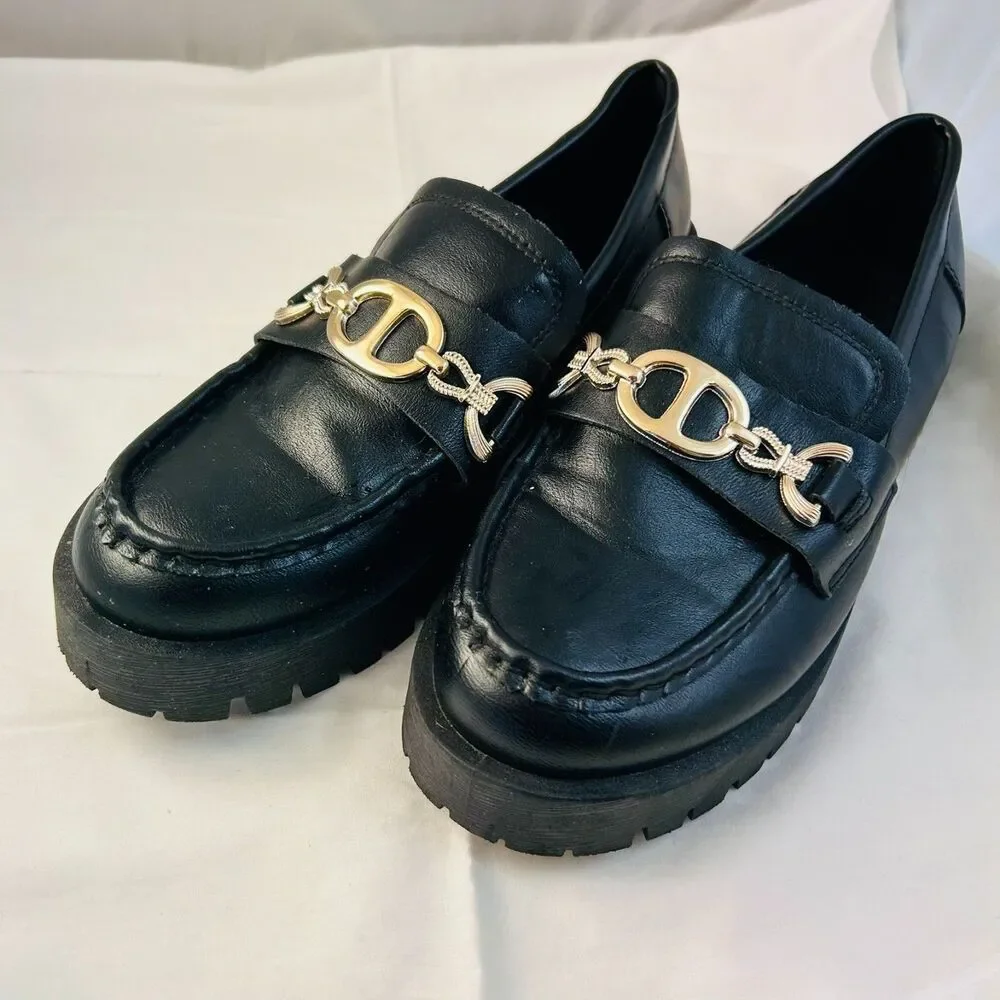 #8370 ROUGE HELIUM WOMEN'S BLACK LUG SOLE LOAFERS SIZE 9 CHUNKY SOLE MARY JANES